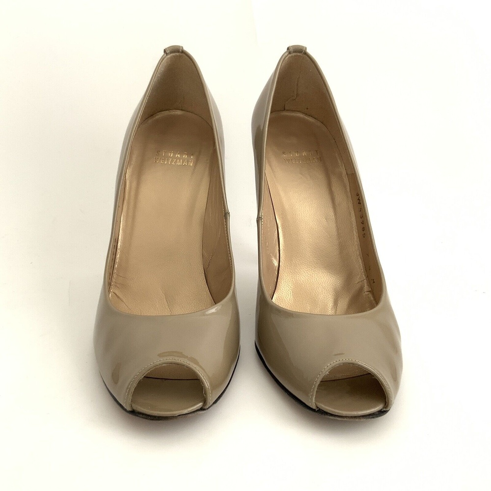 Stuart Weitzman Patent Leather Heels Peep-toe Pumps Beige 7.5 - Picture 4 of 12